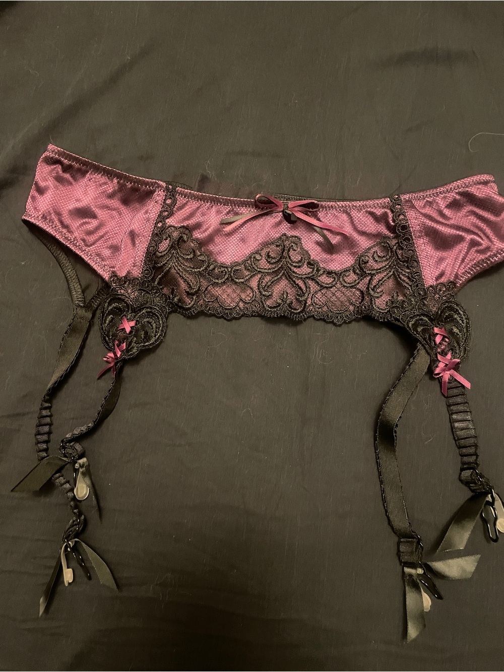 Purple Lace Trim Garter Belt with Satin Panels FAUVE